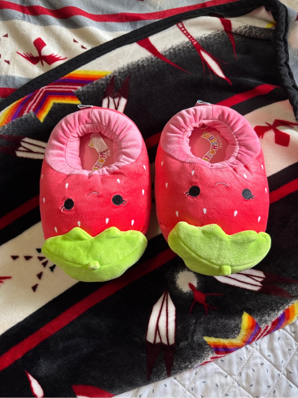 Kids Strawberry Plush Slip-On Shoes - Pink/Red with Green Leaf
